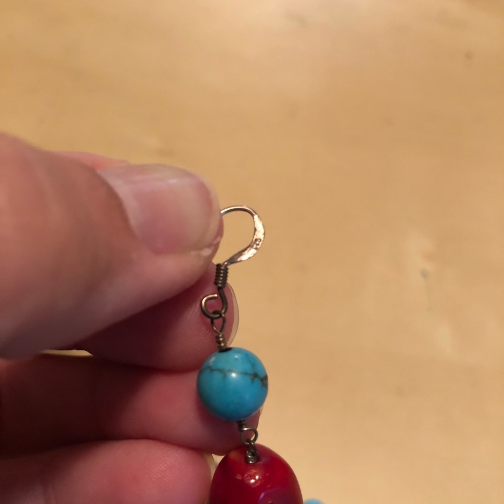 Turquoise & coral sterling necklace earring set - Picture 4 of 5